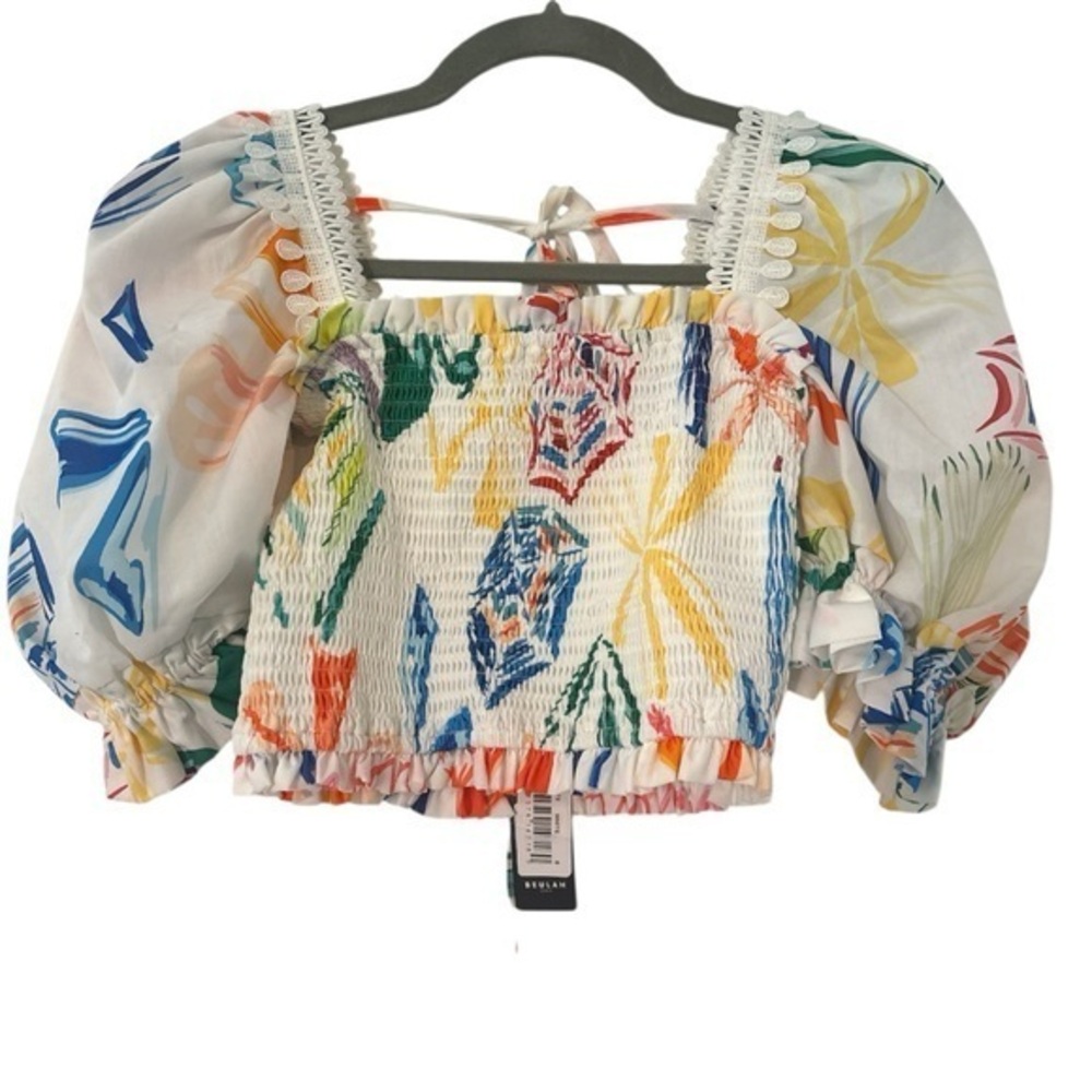 Beulah Abstract Tropical Balloon Sleeve Smocked Crop Top in White Size Small NWT